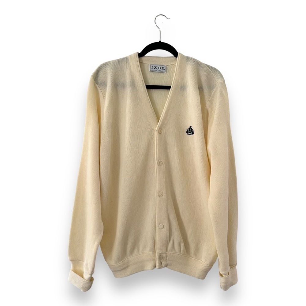 Vintage Men’s Izod Cream Crest Logo Sweater Cardigan  Made in USA Size Large